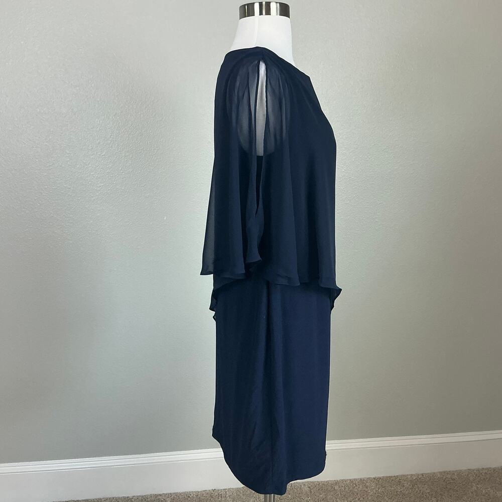 XSCAPE Chiffon Overlay Knit Sheath Embellished Cocktail Dress Navy Blue Size 10 - Picture 4 of 12